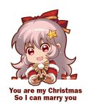  1girl bangs bow chibi christmas english_text fujiwara_no_mokou fur-trimmed_sleeves fur_trim hair_between_eyes hair_bow hair_ornament holding jewelry jokanhiyou long_hair long_sleeves looking_at_viewer multiple_boys no_nose open_mouth outstretched_arms pink_hair proposal pun ring santa_costume simple_background smile solo star_(symbol) star_hair_ornament touhou upper_body white_background 