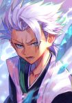  1boy bleach blue_eyes cold cowlick hitsugaya_toushirou hungry_clicker japanese_clothes kimono male_focus portrait silver_hair spiked_hair 