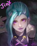  1girl absurdres alternate_hair_color arcane:_league_of_legends arcane_jinx artist_name asymmetrical_bangs bangs bare_shoulders black_background blue_hair braid breasts brown_shirt character_name cloud_tattoo collarbone finger_gun finger_gun_to_head green_hair grey_background highres jinx_(league_of_legends) league_of_legends long_hair medium_breasts pink_eyes shirt shoulder_tattoo smile tattoo twin_braids yido_(yidoarts) 