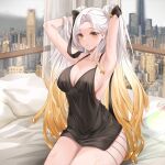  1girl armpits arms_up black_dress blonde_hair breasts cleavage dress dripping hands_in_hair highres kneeling large_breasts lillly looking_at_viewer multicolored_hair original solo thick_thighs thighs twintails wet white_hair yellow_eyes 