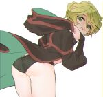  1girl ass bent_over black_cloak black_panties blonde_hair cloak elfnein from_behind green_eyes highres hood hood_down hooded_cloak looking_at_viewer looking_back panties pojitaro senki_zesshou_symphogear short_hair simple_background smile solo standing underwear white_background 