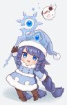  7mb_yut :d :p artist_name bangs blue_eyes blue_hair braid brown_footwear brown_legwear coat full_body fur_trim gem hand_up hat heart holding holding_wand horns league_of_legends legs_apart long_hair lulu_(league_of_legends) mixed-language_commentary multicolored_eyes official_alternate_costume open_mouth parted_bangs poro_(league_of_legends) purple_hair shadow sidelocks simple_background smile standing tongue tongue_out twin_braids twintails very_long_hair wand white_background wings winter_clothes winter_coat winter_wonder_lulu yordle 