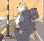  2021 anthro belly black_nose bottomwear brown_body canid canine canis clothing detailed_background domestic_dog fugashi4090 headphones kemono male mammal necktie outside overweight overweight_male pants shirt solo topwear white_body 