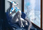  2021 anthro bed beverage furniture holding_beverage holding_object hot_drink inside komuros looking_aside looking_away lugen_kobold male nude plant snow solo swing synth_(vader-san) tree window 