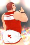  1boy 3c_pan :d absurdres ass bara bare_arms belly blush brown_hair cowboy_shot crowd facial_hair from_behind gunzo_(housamo) heart highres long_sideburns male_focus microphone muscular muscular_male music plump scar scar_on_arm scar_on_cheek scar_on_face short_hair shorts sideburns singing smile solo spiked_hair stage stubble sweat thick_eyebrows thick_thighs thighs tokyo_afterschool_summoners white_shorts 