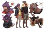  2boys absurdres barefoot black_hair borrowed_garments cape closed_mouth commentary_request dark-skinned_male dark_skin eating facial_hair fur-trimmed_cape fur_trim greedent highres holding korean_commentary leon_(pokemon) long_hair male_focus mouth_hold multiple_boys open_mouth pokemon pokemon_(game) pokemon_swsh purple_hair raihan_(pokemon) red_cape red_shirt redlhzz shirt short_hair sitting standing teeth thought_bubble toes undercut yellow_eyes 