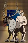  antlers blonde_hair capreoline cervid duo feral frozen_(movie) hair hand_on_butt hi_res hooves horn human interspecies kristoff_(frozen) male male/male mammal reindeer snoiller_fitzroy_(artist) sven_(frozen) tongue tongue_out 