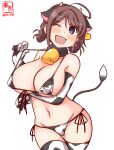  1girl ahoge alternate_costume animal_ears animal_print artist_logo bell bikini breasts brown_hair chougei_(kancolle) cleavage cow_ears cow_girl cow_horns cow_print cow_tail cowbell dated ear_tag elbow_gloves eyebrows_visible_through_hair gloves grey_eyes hair_rings horns huge_breasts kanon_(kurogane_knights) kantai_collection long_hair navel neck_bell one-hour_drawing_challenge one_eye_closed open_mouth print_bikini print_gloves print_legwear simple_background smile solo swimsuit tail thighhighs white_background 