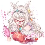  +++ 1girl 1other :d ^_^ ahoge animal_ears bangs biwa_hayahide_(umamusume) blush breasts closed_eyes cropped_torso disembodied_limb dress eyebrows_visible_through_hair fur-trimmed_dress fur_trim glasses grey_hair hair_bobbles hair_ornament hand_mirror holding horse_ears ittokyu long_hair medium_breasts mirror red-framed_eyewear red_dress semi-rimless_eyewear simple_background smile solo_focus tiara translation_request two_side_up umamusume under-rim_eyewear upper_body very_long_hair white_background 