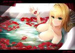  1girl absurdres ahoge bangs bath bathing bathtub blonde_hair blush breasts collarbone fate/extra fate_(series) green_eyes hair_intakes highres iori_(nanonamuco) large_breasts letterboxed long_hair looking_at_viewer nero_claudius_(fate) nero_claudius_(fate/extra) nude petals rose_petals smile solo water wet 