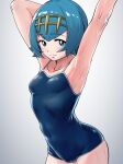  1girl arm_behind_head arm_up armpits blue_eyes blue_hair blush breasts cameltoe closed_mouth collarbone commentary_request covered_navel grey_background hairband highres lana_(pokemon) looking_at_viewer makino_harumaki one-piece_swimsuit pokemon pokemon_(game) pokemon_sm school_swimsuit short_hair smile solo split_mouth swimsuit wet yellow_hairband 