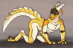  2021 all_fours anthro athletic male nude paws pur3 simple_background sketch solo synth_(vader-san) yellow_body yellow_skin 