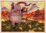  bright_pupils building cloud commentary_request day flower grass hisuian_zorua looking_to_the_side mountain no_humans orange_eyes outdoors pokemon pokemon_(creature) sky solo standing tami_yagi white_pupils 