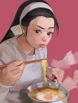  1girl black_eyes black_hair eating egg food forehead grey_sweater hair_ornament hairband hand_up highres holding kagura_chizuru long_hair noodles oni_gini pink_background pot steam sweater the_king_of_fighters upper_body white_hairband 
