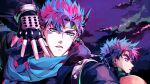  2boys battle_tendency bloody_stream blue_hair blue_scarf caesar_anthonio_zeppeli derivative_work facial_mark feather_hair_ornament feathers fingerless_gloves gloves green_eyes hair_ornament highres jacket jojo_no_kimyou_na_bouken joseph_joestar joseph_joestar_(young) male_focus multicolored_hair multiple_boys nigelungdayo pink_hair pose purple_hair purple_jacket scarf screencap_redraw striped striped_scarf two-tone_hair 