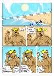  5_fingers anthro athletic athletic_anthro athletic_male beach blonde_hair brown_body brown_fur canid canine canis clothed clothing comic confusion dialogue domestic_dog english_text eyes_closed fingers fur getting_up grimace grunting guss_(vju79) hair hand_on_head hi_res lying lying_on_ground male mammal on_back on_ground pain profanity sand sea seaside shocked shoreline sky sleeping solo sound_effects sun text thought_bubble topless topless_male unconscious vju79 water wave wide_eyed wolf zzz 