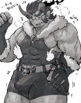  1boy abs absurdres bara belt blush breath broken_horn bulge covered_abs cowboy_shot demon_boy demon_horns disembodied_limb drooling erection erection_under_clothes facial_hair fang fiery_horns finger_on_nipple glasses greyscale hamunosuke_(buta5kawa) highres horns large_pectorals long_sideburns male_focus mature_male monochrome motion_lines muscular muscular_male nipple_slip nipple_tweak nipples official_alternate_costume pectorals short_hair sideburns sidepec solo stubble sweat takemaru_(housamo) thick_eyebrows thick_thighs thighs tokyo_afterschool_summoners tongue tongue_out translated tusks 