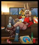  anthro beverage_can butt cervid clothed clothing controller dale_(ponehanon) duo female food footwear game_controller hi_res high_heels hybrid lagomorph leporid male mammal panties panties_down partially_clothed pizza pizza_box ponehanon popcorn rabbit red_clothing red_shirt red_topwear shirt shoes sneakers socks topwear umbra_(disambiguation) underwear underwear_down 