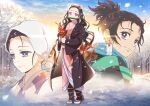  1boy 2girls absurdres bit_gag black_hair brown_hair checkered closed_mouth earrings full_body gag hanafuda haori highres holding holding_mask japanese_clothes jewelry kamado_kie kamado_nezuko kamado_tanjirou kimetsu_no_yaiba kimono long_hair looking_at_viewer mask mole mole_under_mouth multicolored_hair multiple_girls pink_eyes pink_kimono ponytail print_kimono purple_eyes smile snow snowing tabi tied_hair tomato_(kiiroitomato33) two-tone_hair very_long_hair 