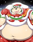  2021 absurd_res anthro belly big_belly burenai canid canine canis christmas christmas_clothing christmas_headwear clothing domestic_dog green_body hat headgear headwear hi_res holidays humanoid_hands kemono lifewonders live-a-hero male mammal mokdai navel night obese obese_male one_eye_closed outside overweight overweight_male santa_hat snow solo video_games wink 