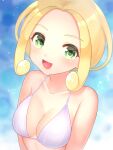  1girl :d alternate_costume bare_arms bikini blonde_hair blush breasts cleavage collarbone commentary_request day green_eyes looking_at_viewer open_mouth outdoors pokemon pokemon_(game) pokemon_xy shiny shiny_hair short_hair sidelocks smile solo swimsuit takahara tongue upper_body viola_(pokemon) white_bikini 