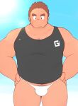  1boy 3c_pan bara belly bikini_briefs black_tank_top blush brown_hair bulge cowboy_shot facial_hair gunzo_(housamo) hands_on_hips highres large_pectorals long_sideburns male_focus male_pubic_hair male_underwear muscular muscular_male no_pants pectoral_cleavage pectorals plump pubic_hair scar scar_on_cheek scar_on_face short_hair sideburns solo spiked_hair stubble sunlight sweatdrop tan tank_top thick_eyebrows thick_thighs thighs tokyo_afterschool_summoners underwear white_male_underwear 