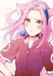  1girl animal_ears blue_headband cat_ears floating_hair green_eyes hair_intakes haruno_sakura headband jacket kemonomimi_mode long_hair looking_at_viewer naruto naruto_(series) pink_hair red_jacket short_sleeves sketch solo t0m0mile twitter_username upper_body white_background zipper 