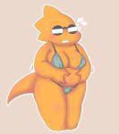  alphys alpi anthro belly big_breasts bikini blush bodily_fluids breasts buckteeth chubby_anthro chubby_female cleavage clothed clothing eyewear female flying_sweatdrops front_view glasses hi_res holding_belly lizard narrowed_eyes navel non-mammal_breasts reptile scales scalie short_stack simple_background skimpy slightly_chubby solo standing sweat sweatdrop swimwear teeth thick_tail thick_thighs undertale_(series) wide_hips yellow_body yellow_scales 