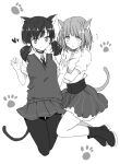 2girls :3 animal_ears bell blush boots cat_ears cat_girl cat_tail choker collared_shirt flying_sweatdrops greyscale heart highres holding_another&#039;s_arm jingle_bell low_twintails maromi_(am97) monochrome multiple_girls neck_bell necktie original pantyhose paw_print paw_print_background pinstripe_skirt pleated_skirt school_uniform shirt short_sleeves skirt sweatdrop sweater_vest tail twintails yuri 