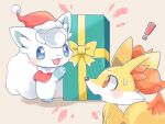  ! :3 :d alolan_vulpix blue_eyes blush capelet christmas commentary fennekin fur_collar fur_trim gift hat kana_(maple926) looking_at_another no_humans open_mouth pokemon pokemon_(creature) red_eyes santa_hat shadow simple_background smile standing sweatdrop 