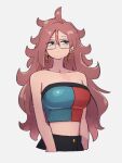  1girl adapted_costume android_21 bare_shoulders black_pants blue_eyes breasts cleavage closed_mouth dragon_ball dragon_ball_fighterz earrings glasses grey_background hair_between_eyes hoop_earrings jewelry kemachiku long_hair medium_breasts midriff pants red_hair simple_background sleeveless solo 