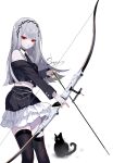  1girl absurdres arrow_(projectile) bangs bare_shoulders black_cat black_hairband black_jacket black_legwear black_necktie black_skirt bow_(weapon) cat commentary feet_out_of_frame hairband highres holding holding_bow_(weapon) holding_weapon jacket long_hair looking_at_viewer midriff miniskirt nail_polish necktie off_shoulder original red_eyes red_nails sheya silver_hair simple_background skirt skirt_set solo standing thighhighs weapon white_background zettai_ryouiki 