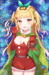  1girl absurdres alternate_costume azur_lane belt blonde_hair breasts cape chess11 christmas cleavage commentary_request commission dated elbow_gloves gift gloves hair_ornament hairclip highres jenkins_(azur_lane) long_hair looking_at_viewer open_mouth santa_costume signature skeb_commission small_breasts 