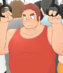  1boy 3c_pan bara belly brown_hair costume_request crowd exercise facial_hair gunzo_(housamo) highres large_pectorals long_sideburns male_focus muscular muscular_male pectorals plump scar scar_on_cheek scar_on_face short_hair sideburns sidepec solo_focus spiked_hair sportswear stubble thick_eyebrows tokyo_afterschool_summoners upper_body 