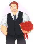  1boy 3c_pan :d alternate_costume bara black_pants black_vest blush bouquet brown_hair facial_hair feet_out_of_frame formal gunzo_(housamo) highres holding holding_bouquet incoming_gift long_sideburns male_focus necktie pants pectorals scar scar_on_arm scar_on_cheek scar_on_face short_hair sideburns sleeves_rolled_up smile solo sparkle spiked_hair stubble thick_eyebrows tokyo_afterschool_summoners undershirt vest 