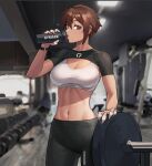  1girl abs bangs bench_press bottle breasts brown_hair cleavage dark_skin drinking gwonhu_(pjj910) gym highres holding large_breasts looking_at_viewer muscular muscular_female original pants short_hair solo sports_bra sportswear standing sweat sweatpants tan water_bottle weights 