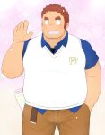  1boy 3c_pan alternate_costume bara belly blue_shirt blush brown_hair brown_pants cowboy_shot facial_hair gunzo_(housamo) highres large_pectorals long_sideburns male_focus pants pectorals plump scar scar_on_cheek scar_on_face shirt short_hair sideburns smile snowing solo spiked_hair stubble thick_eyebrows tokyo_afterschool_summoners waving 