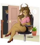  2021 absurd_res antelope anthro bedroom_eyes bottomwear bovid breasts brown_body brown_fur chair cleavage clock clothed clothing desk digital_media_(artwork) door dress_shirt duo felid female fur furniture gazelle green_eyes hi_res high_heels kanutwolfen katherine_grimaldi male mammal narrowed_eyes office office_chair open_door pantherine plant playing_with_hair seductive shirt skirt table thick_thighs tiger topwear 