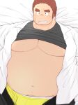  1boy 3c_pan alternate_pectoral_size bara belly blush brown_hair bulge facial_hair gunzo_(housamo) highres large_pectorals long_sideburns looking_at_viewer lying male_focus male_underwear male_underwear_peek muscular muscular_male navel on_back on_bed open_clothes open_pants open_shirt pants pectorals plump scar scar_on_cheek scar_on_face scar_on_nose short_hair sideburns small_head solo spiked_hair stomach stubble sweatdrop thick_eyebrows tokyo_afterschool_summoners underpec underwear undressing yellow_male_underwear 