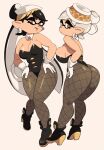  big_breasts big_butt black_hair breasts brown_eyes butt callie_(splatoon) cephalopod clothing collar curvy_figure duo ear_piercing ear_ring female fishnet fishnet_legwear gloves grey_hair hair handwear hat headgear headwear hi_res high_heels hourglass_figure humanoid inkling leggings legwear leotard marie_(splatoon) marine mollusk nintendo piercing pseudo_hair simple_background splatoon squid_sisters_(splatoon) tan_body tan_skin tentacle_hair tentacles thick_thighs video_games white_background wide_hips yuta_agc 