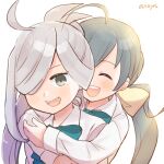  2girls ahoge akoya_(anoko_konoko) asashimo_(kancolle) blue_bow blue_bowtie bow bowtie closed_eyes commentary_request dress_shirt grey_eyes grey_hair hair_between_eyes hair_over_one_eye hug hug_from_behind kantai_collection kiyoshimo_(kancolle) low_twintails lowres multiple_girls ponytail sharp_teeth shirt silver_hair simple_background smile teeth twintails upper_body white_background white_shirt 