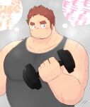  1boy 3c_pan alternate_pectoral_size bara belly blush brown_hair dumbbell facial_hair grey_tank_top gunzo_(housamo) highres large_pectorals long_sideburns male_focus muscular muscular_male pectorals plump pout scar scar_on_cheek scar_on_face short_hair sideburns solo spiked_hair stubble sweatdrop tank_top thick_eyebrows thought_bubble tokyo_afterschool_summoners translated upper_body weightlifting 