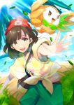  1girl :d beanie brown_eyes brown_hair cloud commentary_request day eyelashes green_shorts hat highres leaves_in_wind looking_at_viewer medium_hair midori_(032_pokemon) open_mouth outdoors outstretched_arm pokemon pokemon_(creature) pokemon_(game) pokemon_sm red_headwear rowlet sand selene_(pokemon) shirt shore short_sleeves shorts sky smile spread_fingers teeth tied_shirt tongue water yellow_shirt 