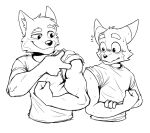  anjing_kampuss anthro biceps black_and_white blush bodily_fluids canid canine canis clothed clothing duo electron_(anjing) fox hi_res male mammal monochrome muscular muscular_anthro muscular_male proton_(anjing) rolled_up_sleeves shirt showing_muscles smile smirk sweat topwear wolf 