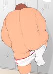  1boy 3c_pan ass back bara belly boxers brown_hair flying_sweatdrops foot_out_of_frame from_behind gunzo_(housamo) locker locker_room male_focus male_underwear muscular muscular_male nude plump short_hair socks solo thick_thighs thighs tokyo_afterschool_summoners underwear undressing white_male_underwear 