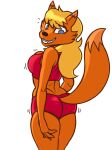  2021 anthro blonde_hair blue_eyes butt canid canine clothing dipstick_ears dipstick_tail fan_character female fox fur hair hi_res mallory_renard mammal markings midriff multicolored_ears nervous nervous_smile nickelodeon orange_body orange_fur redout simple_background solo t.u.f.f._puppy tail_markings tight_clothing white_background 