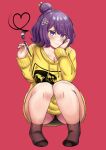  1girl absurdres black_legwear blush breasts cleavage closed_mouth eyebrows_visible_through_hair fate/grand_order fate_(series) hair_bun hand_on_own_face heart highres holding holding_paintbrush hood hoodie katsushika_hokusai_(fate) large_breasts looking_at_viewer paintbrush purple_eyes purple_hair short_hair smile socks solo squatting yellow_hoodie zet_(twt_zet) 