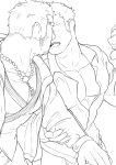  2boys arm_grab bara bead_necklace beads cowboy_shot facial_hair greyscale highres houzouin_oniwaka imminent_kiss jewelry long_sideburns male_focus master_3_(housamo) mature_male me-me_(mouact2) monochrome multiple_boys muscular muscular_male necklace no_eyes partially_unbuttoned pectoral_cleavage pectorals pulling short_hair sideburns stubble thick_eyebrows tokyo_afterschool_summoners yaoi 