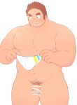  1boy 3c_pan abs bar_censor bara belly blush brown_hair censored completely_nude cowboy_shot facial_hair flaccid flustered gunzo_(housamo) highres holding holding_clothes holding_swimsuit large_pectorals long_sideburns male_focus male_pubic_hair male_swimwear muscular muscular_male navel nipples nude pectorals plump pubic_hair scar scar_on_cheek scar_on_face short_hair sideburns solo spiked_hair stomach stubble swim_briefs swimsuit thick_eyebrows thick_thighs thighs tokyo_afterschool_summoners white_male_swimwear 