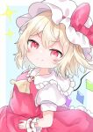  1girl ascot bangs blonde_hair blue_background border bow closed_mouth crystal eyebrows_visible_through_hair flandre_scarlet hand_on_hip hat hat_bow highres mob_cap one_side_up pafe_haumen puffy_short_sleeves puffy_sleeves red_bow red_eyes red_vest shirt short_hair short_sleeves simple_background smile smug solo star_(symbol) touhou upper_body vest white_border white_headwear white_shirt wings wrist_cuffs yellow_ascot 